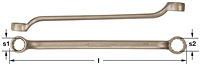 Two double box-end wrenches laid parallel to each other. Top wrench shows a deep offset at 45 degrees on each end. Bottom wrench shows a straight shaft with a top down view. Each wrench shows twelve point box-end heads on both ends for gripping fasteners.